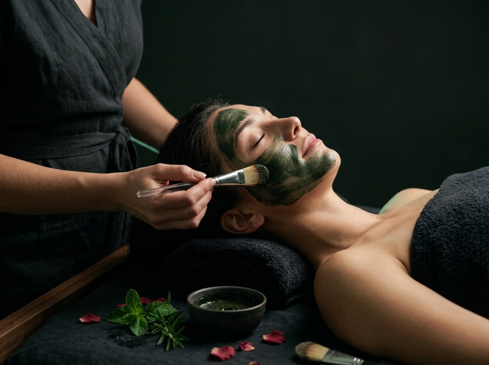 Botanical facial treatment with a green herbal mask