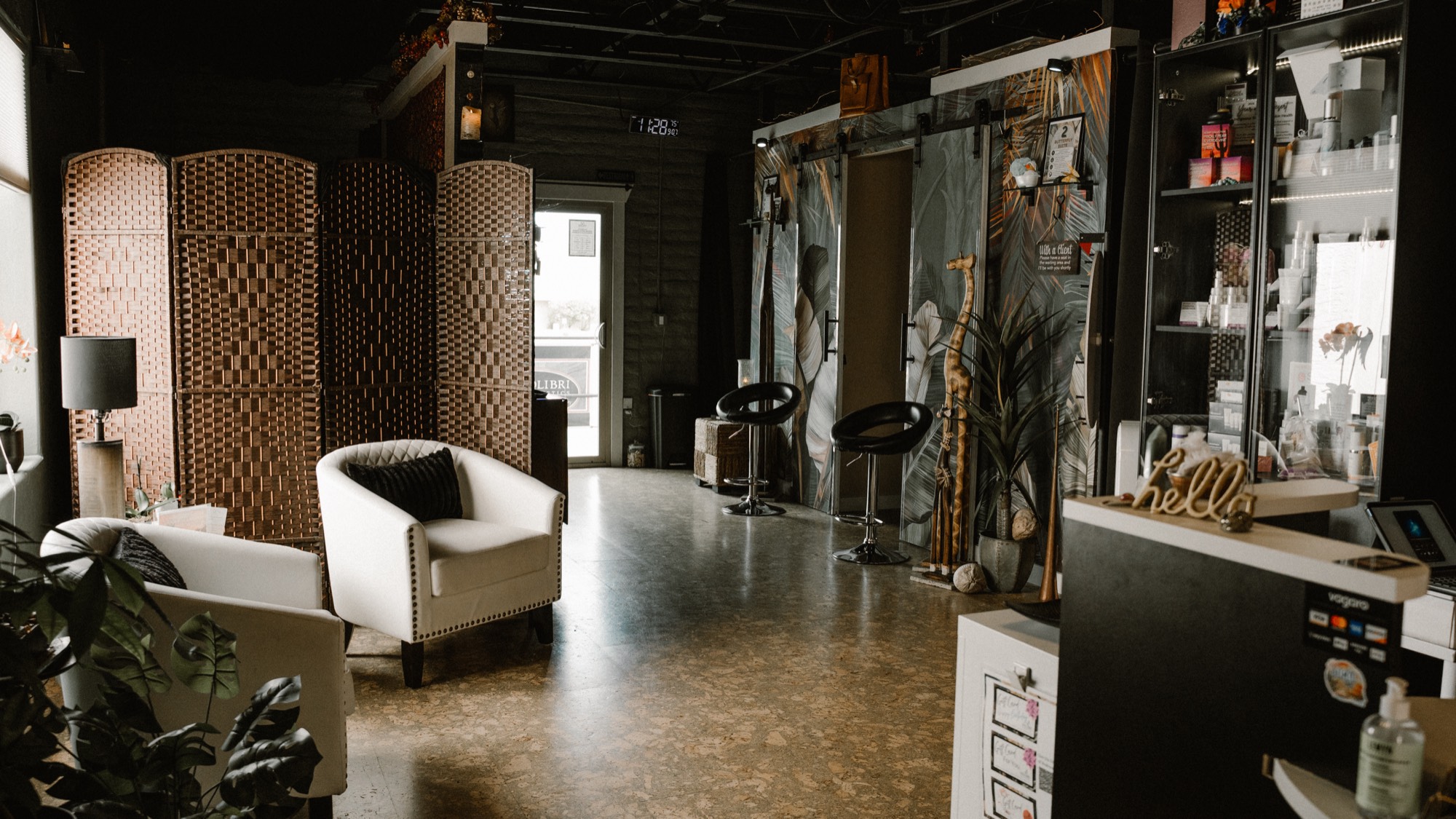 The Kolibri Aesthetics studio in Fountain Hills: woven screens, white armchairs and the botanical sliding doors